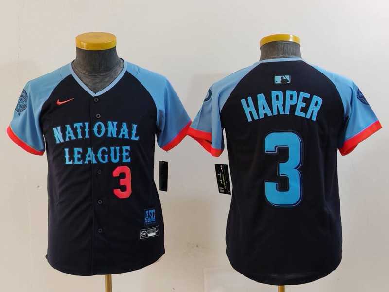 Youth Philadelphia Phillies #3 Bryce Harper Number Navy 2024 All Star Limited Stitched Jersey